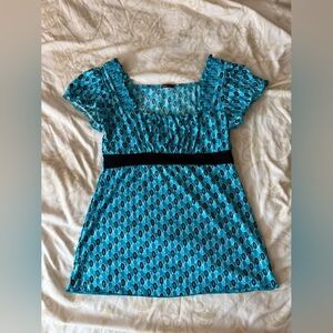 Blue Patterned Square-Neck Top with Black Waistband